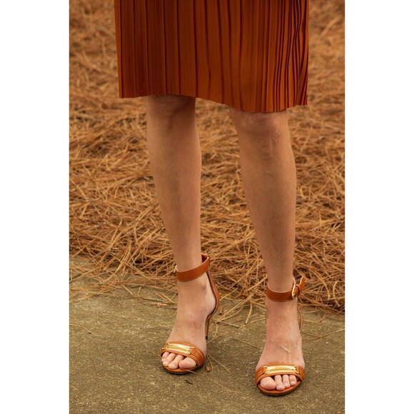 Monica by Bruno Magli Cognac leather stiletto ankle strap open-toe heel Sz 40.5 - Picture 5 of 16